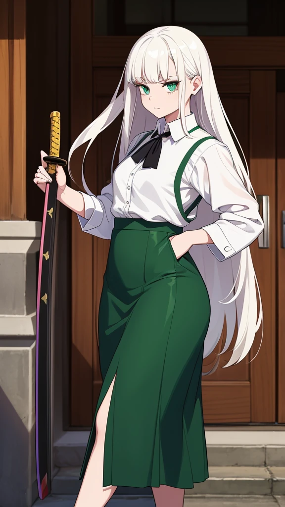 a teenage girl, temple guard, long white albino hair, her glitter green eye, she wears a white button-down blouse, underneath a short green button-down vest, a dark green maxi skirt with a black heel, carries a transparent katana.