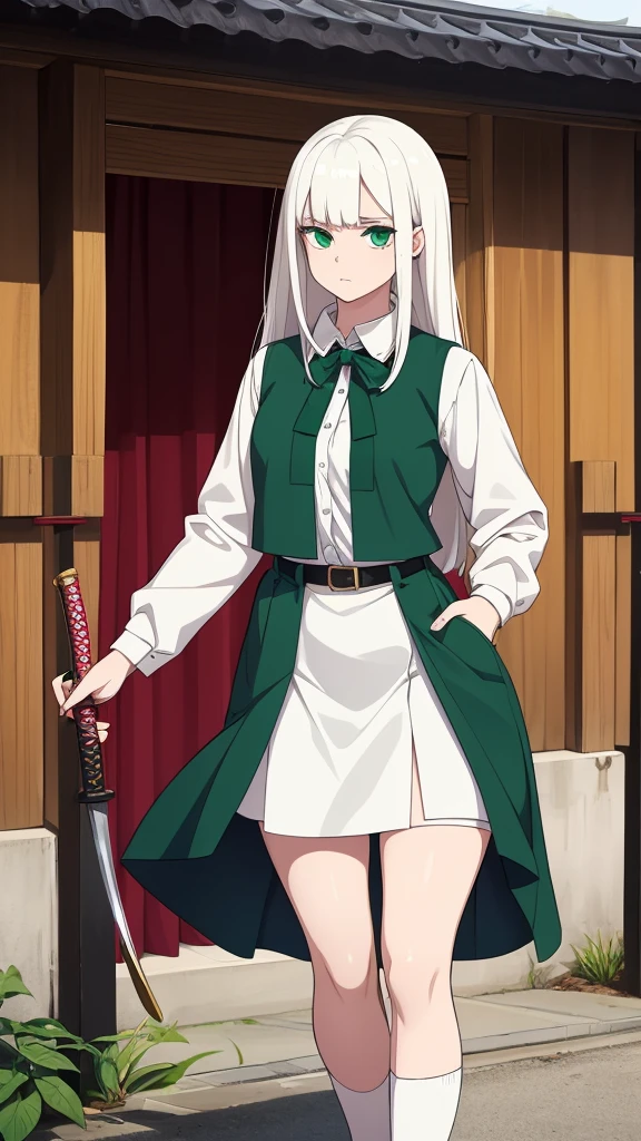 a girl, temple guard, long white albino hair, her glitter green eye, she wears a white button-down blouse, underneath a short green button-down vest, a dark green maxi skirt with a black heel, carries a transparent katana.