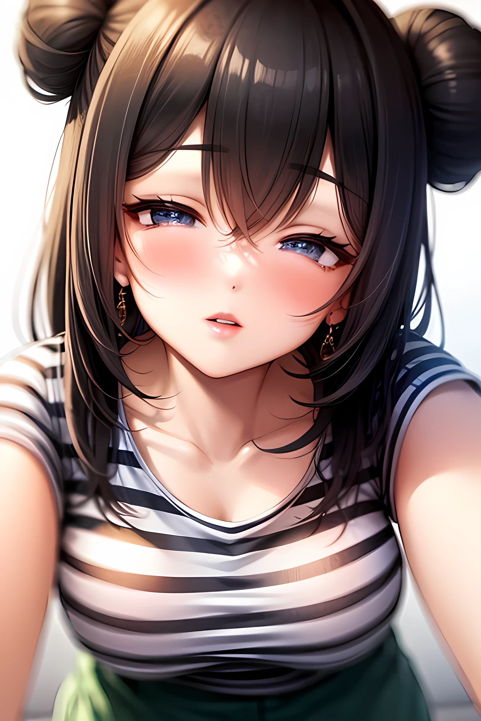 Amazing portrait of a sexy and  woman with a beautiful face with seductive eyes gazing intensely at me with her soft lips parted in anticipation of a kiss which is making her blush intensely her lips are also curved in a soft smile she has her luscious black hair in a cute bun wearing a black and white striped t shirt and a dark green skirt paired with some elegant earrings her t shirt showing her medium chest and perfect body off 