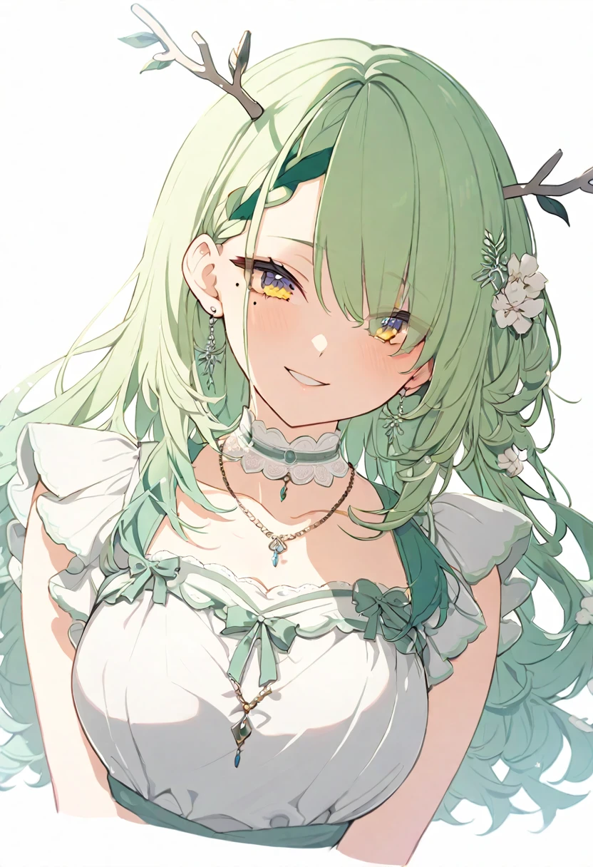 (masterpiece), (best quality), perfect face, beautiful girl, white background background, delicate and beautiful face and eyes, dark intense shadow, 
1 girl, vtuber style, cool girl, ho****ve, CeresFauna, mole under eye, antlers, green long hair, braided bangs, Gorgeous evening dress Ruffles dress, lace, necklace, big chest, cropped shoulders, clavicle, winking, smile, bare feet, chest visible through clothes, ass visible through thighs, (full body), looking at viewer, standing, 