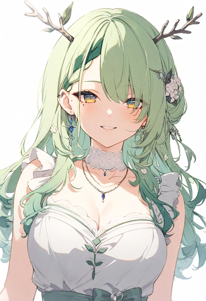 (masterpiece), (best quality), perfect face, beautiful girl, white background background, delicate and beautiful face and eyes, dark intense shadow, 
1 girl, vtuber style, cool girl, hololive, CeresFauna, mole under eye, antlers, green long hair, braided bangs, Gorgeous evening dress Ruffles dress, lace, necklace, big chest, cropped shoulders, clavicle, winking, smile, bare feet, chest visible through clothes, ass visible through thighs, (full body), looking at viewer, standing, 