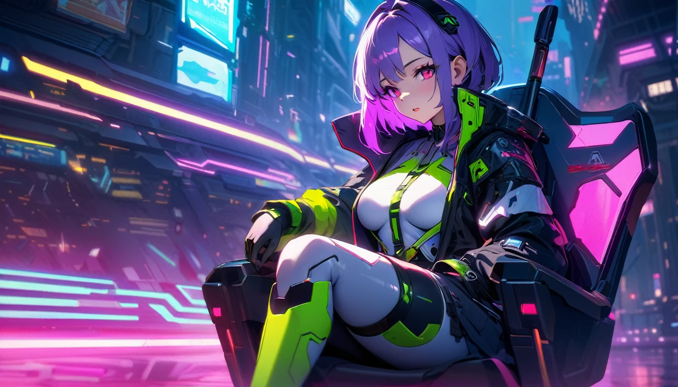 шедевр, Лучшее качество, 1 девушка, anime girl with purple hair sitting on a chair in front of a space ship, oppai cyberpunk, cyberpunk anime art, anime cyberpunk art, digital cyberpunk - anime art, digital cyberpunk anime art, cyberpunk anime girl, anime cyberpunk, female cyberpunk anime girl, digital cyberpunk anime!!, cyberpunk anime girl mech, smooth anime cg art, cyberpunk beautiful girl, detailed digital anime art, dreamy cyberpunk girl, cyberpunk girl, modern cyberpunk anime, detailed anime artwork, anime art wallpaper 4k, anime art wallpaper 4 k, ( ( cyberpunk ) )、высшее качество、Высочайшие стандарты、Высочайшее качество изображения、стол、сложные детали、высокое разрешение、Глубина поля、естественный мягкий свет、профессиональное освещение、О, стоя, very длинные волосы, ковбойский выстрел, блестящий, блестящий hair, (ночь:1.2),мечтательный, [[нежные пальцы и руки:0.55]::0.85],(детальные пальцы),),(эмоциональный),(захватывающий),(основная часть:1.2) все тело.), (Anime Style), (Super Detailed), (Brutal), (UHD, HDR), (8K), (High Resolution: 1.2), (Complex and Beautiful: 1.2)