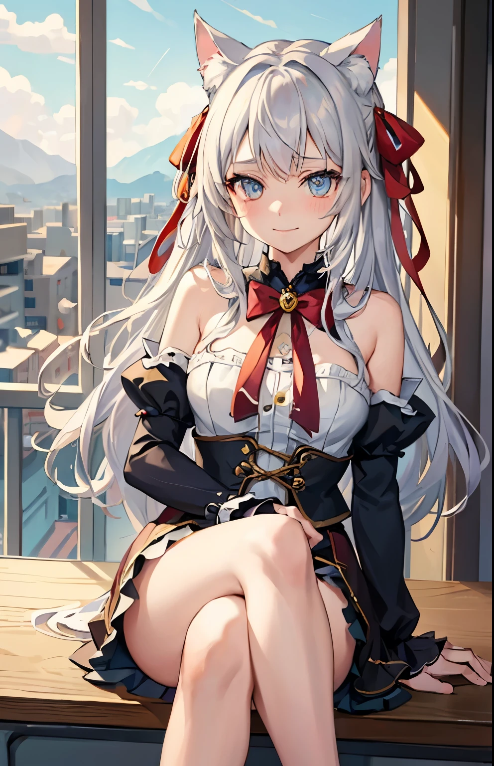 1girl,  alisa mikhailovna kujou,tokidoki bosotto roshia-go de dereru tonari no arya-san,solo, long hair, eyebrows visible through hair, hair between eyes, silver hair, hair ribbon, blue eyes,visible pupils, eyes reflexes, medium breasts, ((neko ears)), ((cat ears)) 
from behind, portrait, looking to the side, horny smile, closed mouth, lights and sunflare from the lateral rear window, 
best quality, very aesthetic, absurdres, scenery at school, extremely cute and sexy, sitted on a desk, crossed legs 