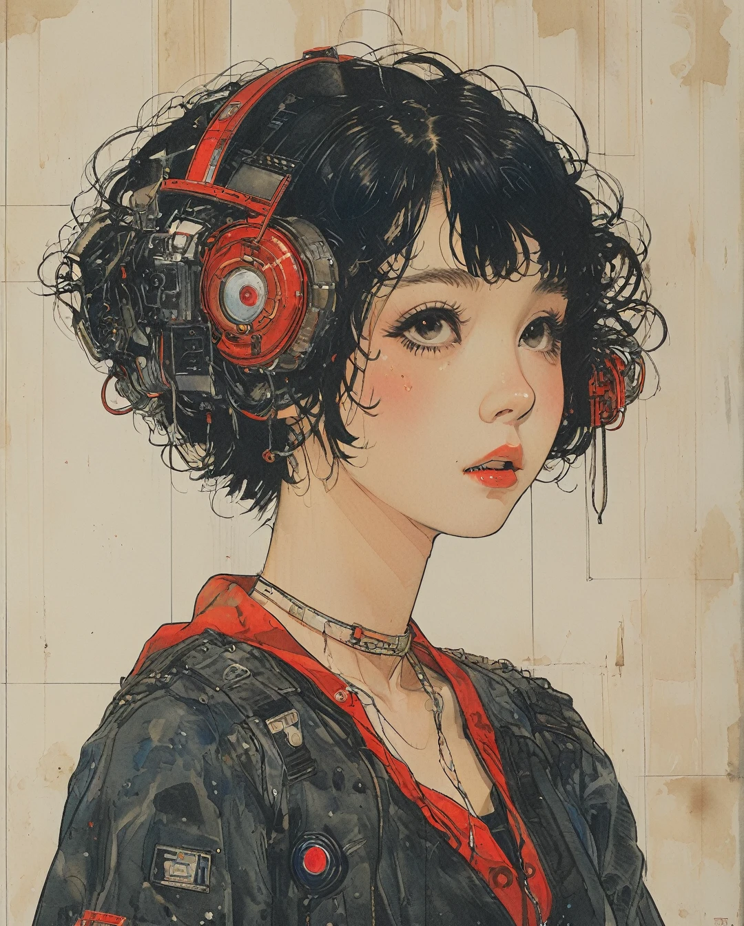 a full-body, high-resolution anime style of a rebellious teenage female goth with short curly black hair, thin face, intense red lips, gothic fashion, inspired by the works of Yoshiaki Kawajiri, vibrant and edgy, with dramatic lighting and dynamic composition, BREAK, Art style by Yoshiaki Kawajiri and Tsukasa Hojo and Toshihiro Kawamoto - -intricately detailed face - -80s and 90s anime still - -1980s retro anime - -1980s and 1990s anime retro nostalgia -highly detailed profile BREAK, ARISTYLE4, Soft Pastel -depth of field, Cinematic Angles, Dynamic angles, (((masterpiece))), perfect face, ((full body shot)),