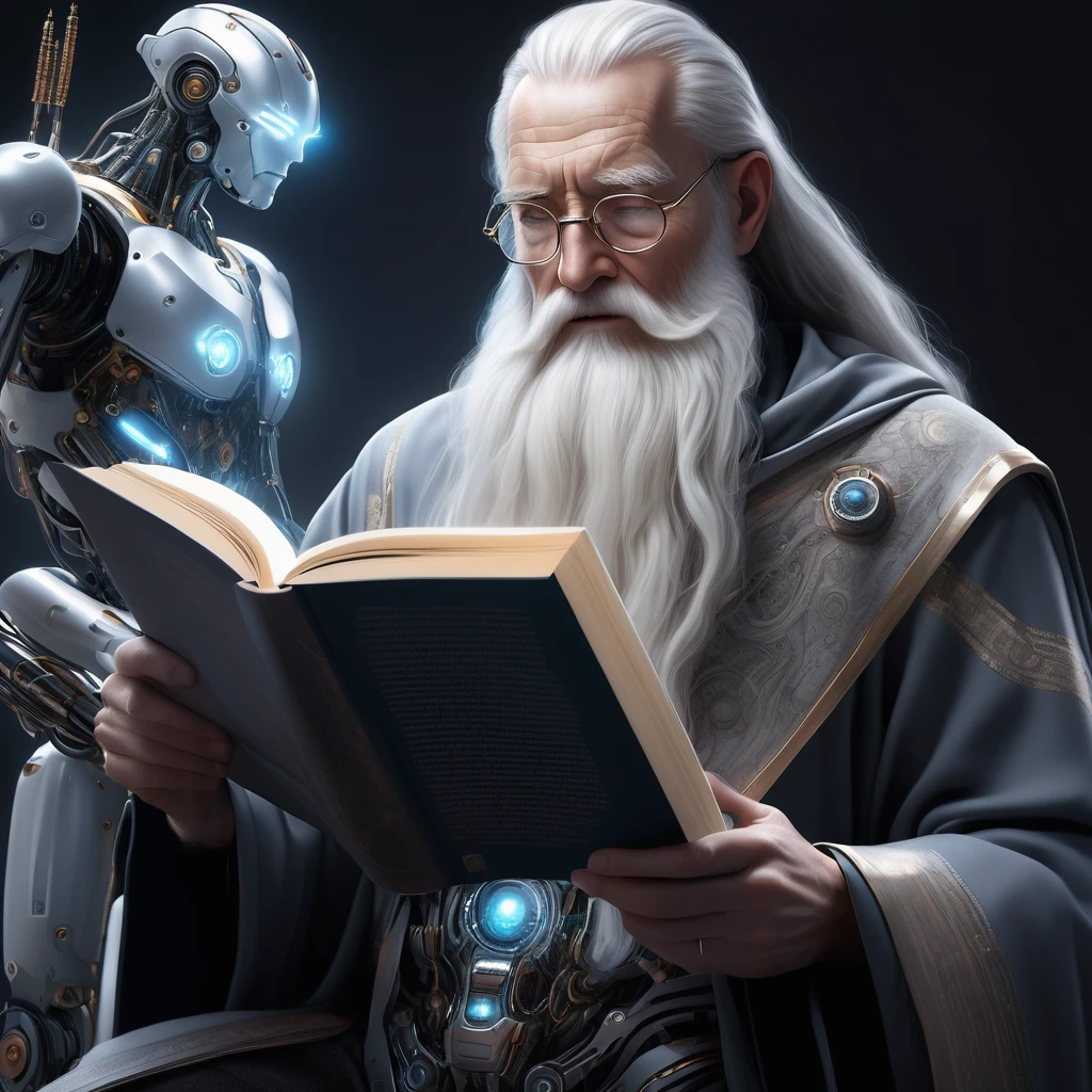 Create a high-resolution, ultra-detailed, hyper-realistic image of an old man with a long white beard reading an open book. The man should appear in the foreground, with half of his body designed like a futuristic robot, incorporating robotic elements such as metal joints and circuits. The book should be detailed and open, with bright holographic text and images. The background should be subtly blurred to keep the attention on the man and the book. Use dramatic lighting to highlight the contrast between the human and robotic elements, and include soft glows in the holographic book
