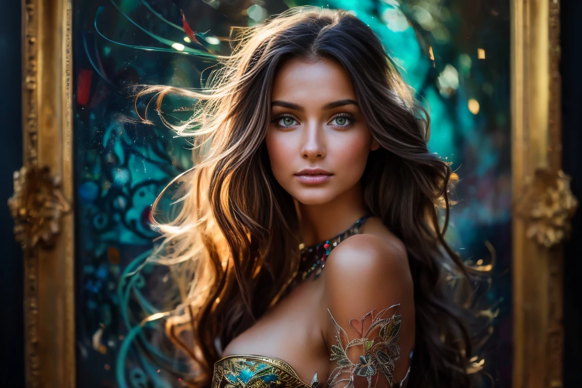 fashion shoot, beautiful caucasian goddess, perfect sweet face and eyes, Alcohol ink, splatter art, multicolor oil painting, Miki Asai Macro photography, long blowing hair, Fantastic Realism and Sharp Focus, Mysterious Filigree Elements, filigree red drops, filigree multicolored buterflies, Glowing Accents, fantasy art, watce, golden appear naturally, symmetrical, glowing crystals,Ceramic_Animal