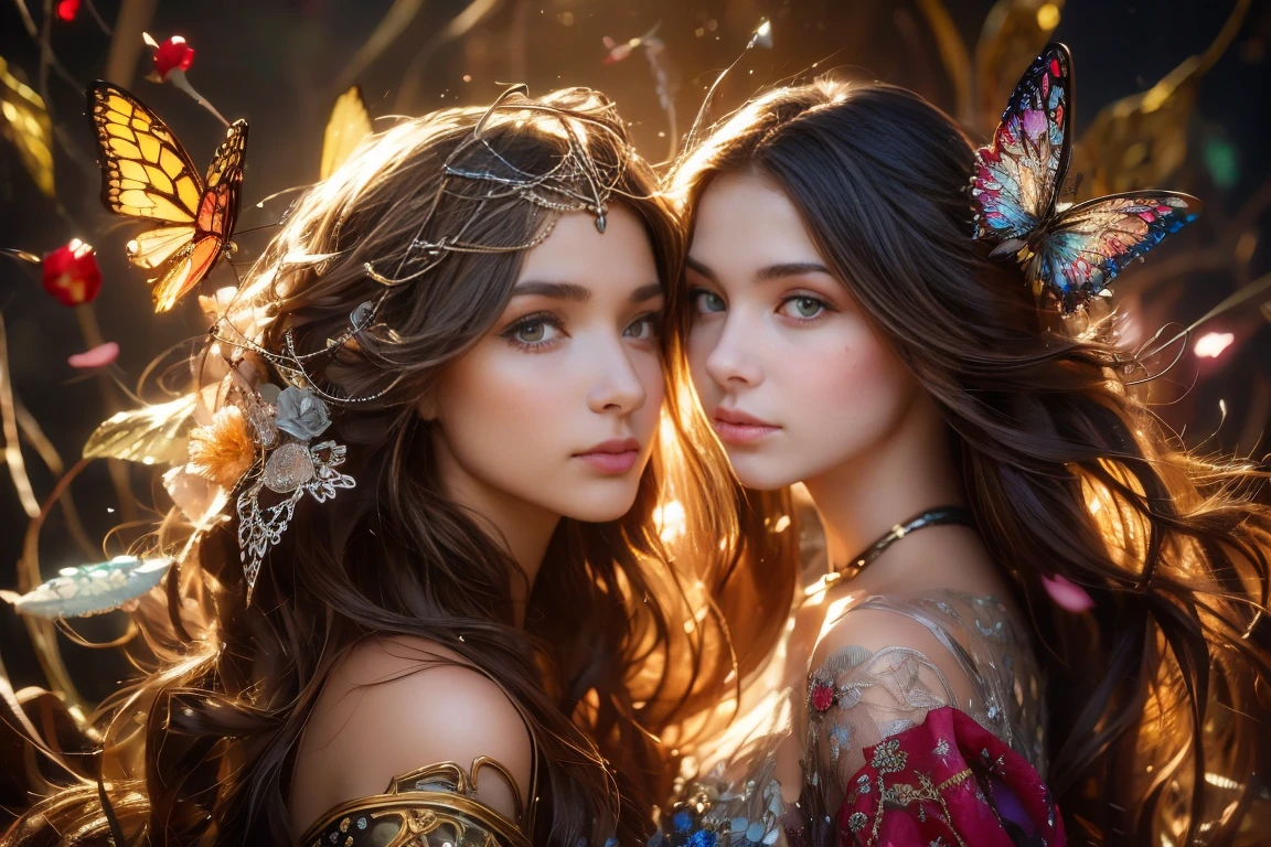 fashion shoot, beautiful caucasian goddess, perfect sweet face and eyes, Alcohol ink, splatter art, multicolor oil painting, Miki Asai Macro photography, long blowing hair, Fantastic Realism and Sharp Focus, Mysterious Filigree Elements, filigree red drops, filigree multicolored buterflies, Glowing Accents, fantasy art, watce, golden appear naturally, symmetrical, glowing crystals,Ceramic_Animal
