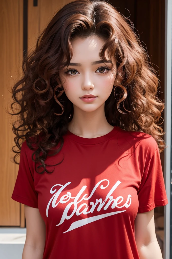 curly woman with voluminous hair wearing a red t-shirt
