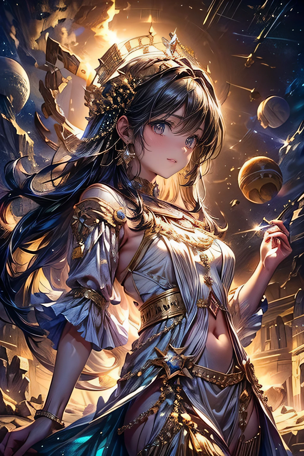 A beautiful young astrologist girl in ancient Babylonia, performing celestial divination to determine the fortune and fate of the royal family, detailed depiction of the sun, moon, planets and asteroids, intricate astrological symbols and celestial patterns, dramatic lighting, cinematic composition, vibrant colors, digital art, concept art, masterpiece, 8k, high quality, photorealistic