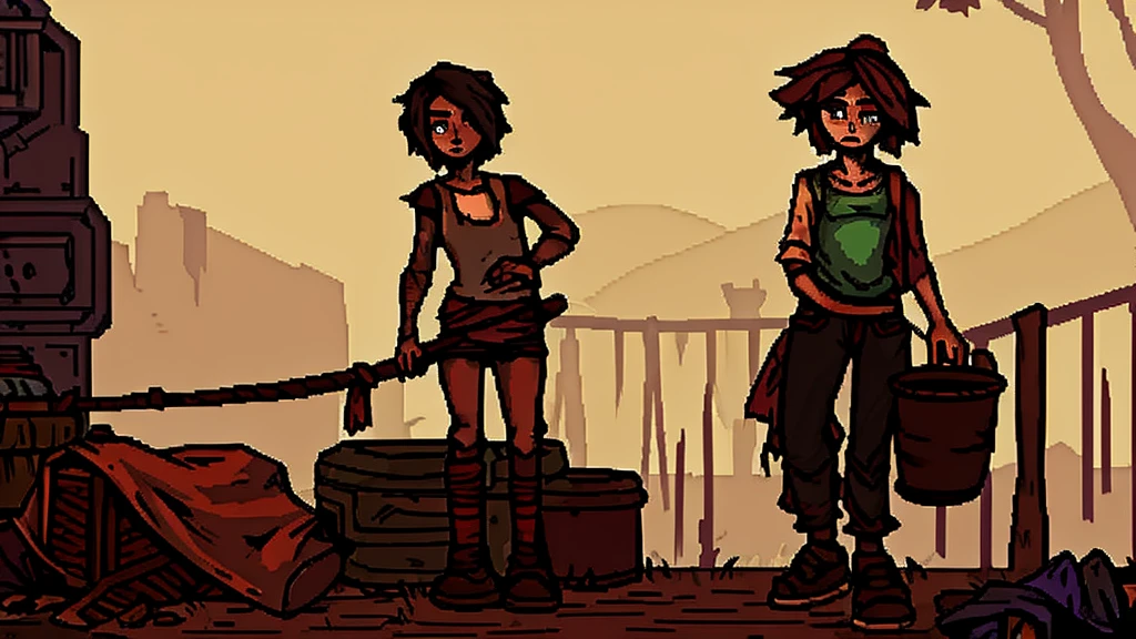 Girl with short hair. tramp in torn clothes, homeless, poor . Darkest Dungeon