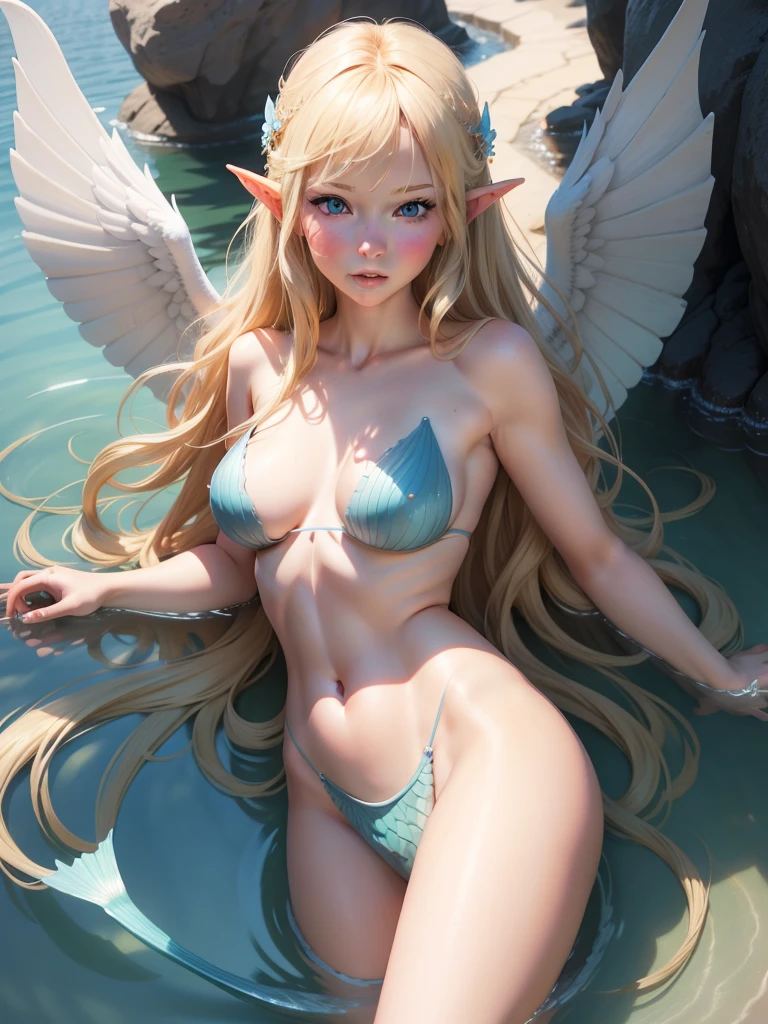 Elf girls, blonde, full body, bikini, cleavage, seductive smile, outdoors, moon, night, beach, white sand, posing, transparent clothes, butt, thong, kissing, caressing, pussy,