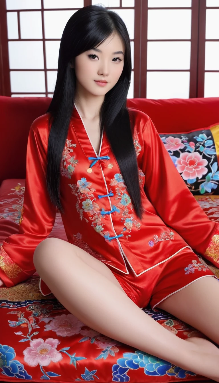 Beautiful 15 year old Chinese skinny kung fu girl princess with long black hair　Gorgeous embroidery, Ultra glossy, She is wearing shiny red long sleeve floral pajamas....　She is made to lie on a red enamel futon, with the futon over her upper body, her legs spread and her vagina examined.