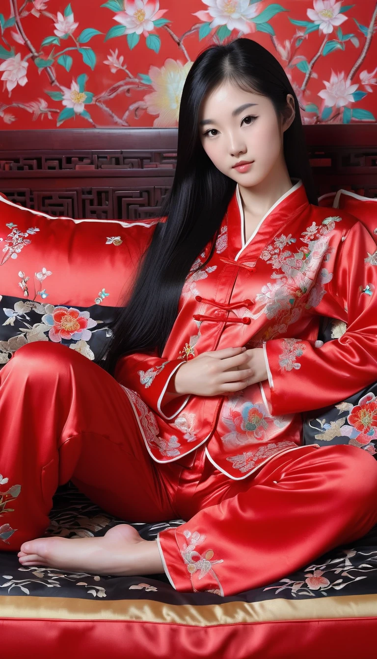 Beautiful 15 year old Chinese skinny kung fu girl princess with long black hair　Gorgeous embroidery, Ultra glossy, She is wearing shiny red long sleeve floral pajamas....　She is made to lie on a red enamel futon, with the futon over her upper body, her legs spread and her vagina examined.