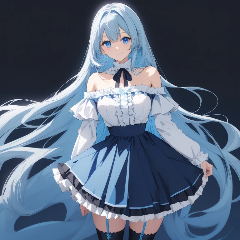 1lady, solo, best quality, masterpiece,
(light blue off shoulder frill blouse) and (black blue flared skirt) and (zettai ryouiki),
(Light blue long hair) and (blue eyes, drooping eyes),
smile, standing,
sharp outline, gray background, simple background