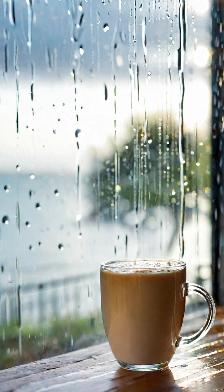A beautiful seascape picture outside the window,Beautiful coastline,live action style,With romantic aesthetics,Beautiful light and shadow of afternoon sun,Natural Elements,The whole glass window is covered with rain .The fog is so thick that you can’t see the actual scene.Bokeh background outside window.No window frames .Close-up of partial rain on glass.Don’t have a real image in the background.As long as the bokeh effect.You can feel the raindrops flowing on the glass。Rain slides across the glass,Blurred the outside scene,Only the beauty of bokeh is left。This picture makes people feel peaceful、comfortable,It’s like being in a small world sheltered from the wind and rain。Add a cup of steaming latte coffee to the window.Poetic and romantic picture
