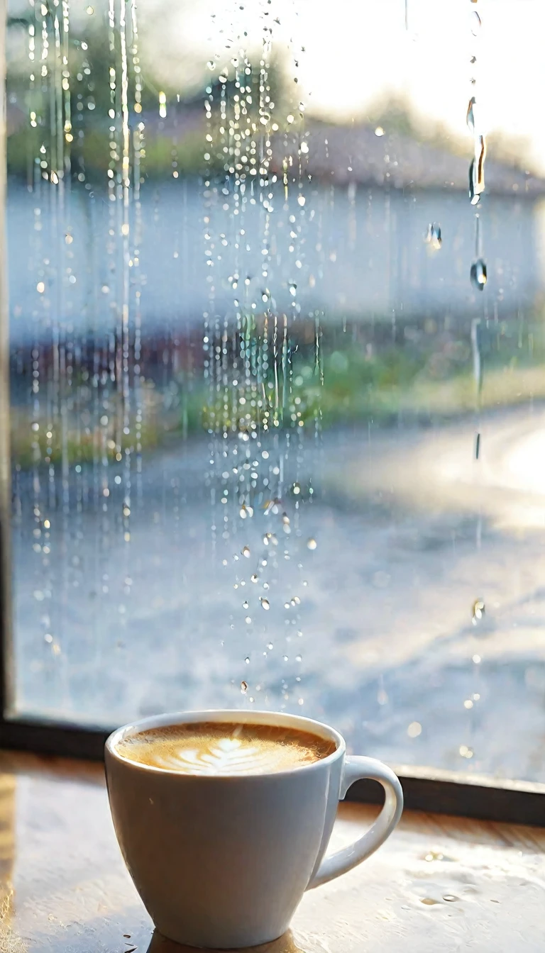 A beautiful seascape picture outside the window,Beautiful coastline,live action style,With romantic aesthetics,Beautiful light and shadow of afternoon sun,Natural Elements,The whole glass window is covered with rain .The fog is so thick that you can’t see the actual scene.Bokeh background outside window.No window frames .Close-up of partial rain on glass.Don’t have a real image in the background.As long as the bokeh effect.You can feel the raindrops flowing on the glass。Rain slides across the glass,Blurred the outside scene,Only the beauty of bokeh is left。This picture makes people feel peaceful、comfortable,It’s like being in a small world sheltered from the wind and rain。Add a cup of steaming latte coffee to the window.Poetic and romantic picture