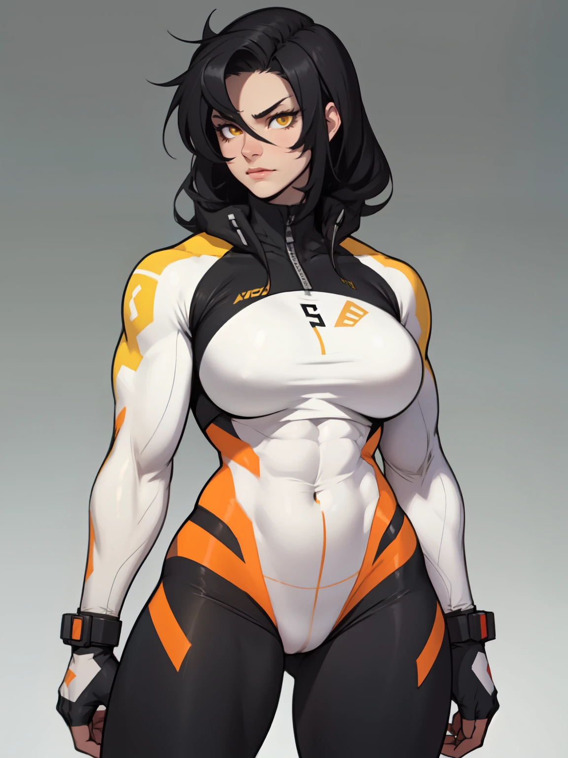 solo standing skintight ((muscular girl perfect anatomy)) toned body massive breasts yellow eyes black hair pale skin