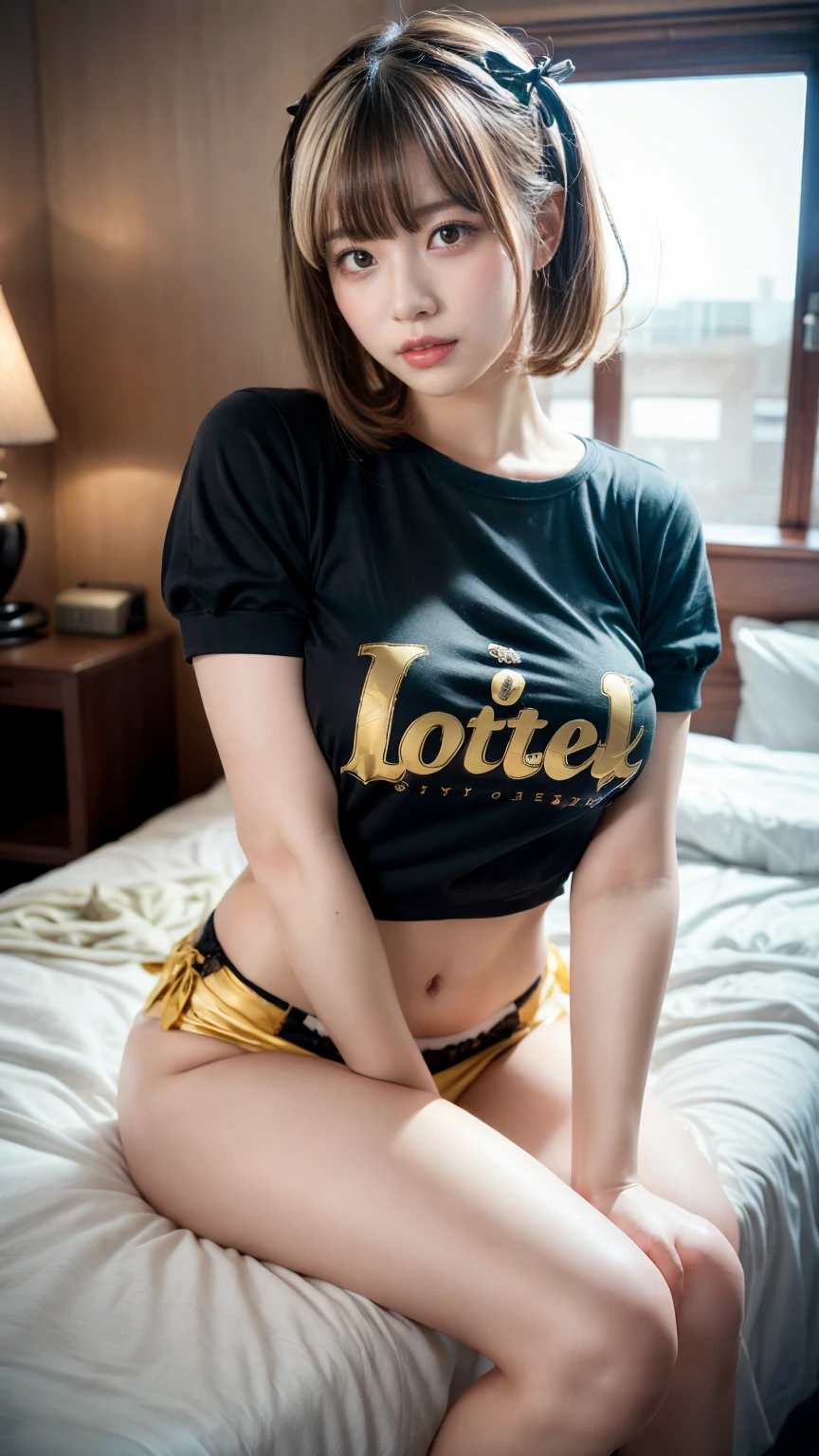 masterpiece, best quality, illustration, Super detailed, fine details, High resolution, 8K,wall paper, perfect dynamic composition,(Details High quality, realistic depiction of eyes:1.3), wavy blonde hair, punk tshirt, a miniskirt, punk girl, large breasts, Big Natural Color Lip, bold sexy pose, crying a little、Harajuku style、20 year old girl、cute type、ta、beautiful legs, hotel room, hposing Gravure Idol, (woman on top, straddling, sittings)
