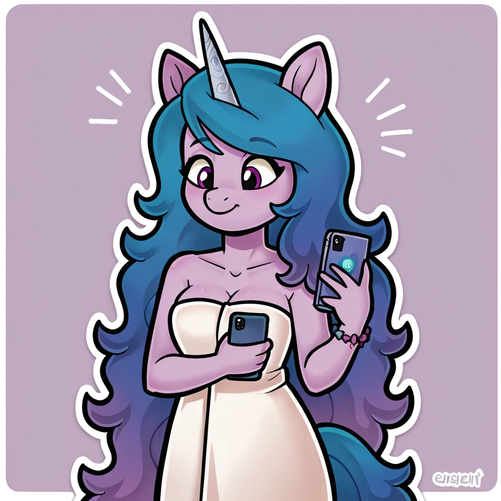 score_9_presence, score_8_up, Izzy Moonbow, unicorn, mlp, G5, wrapped in towel, medium breasts, holding phone
