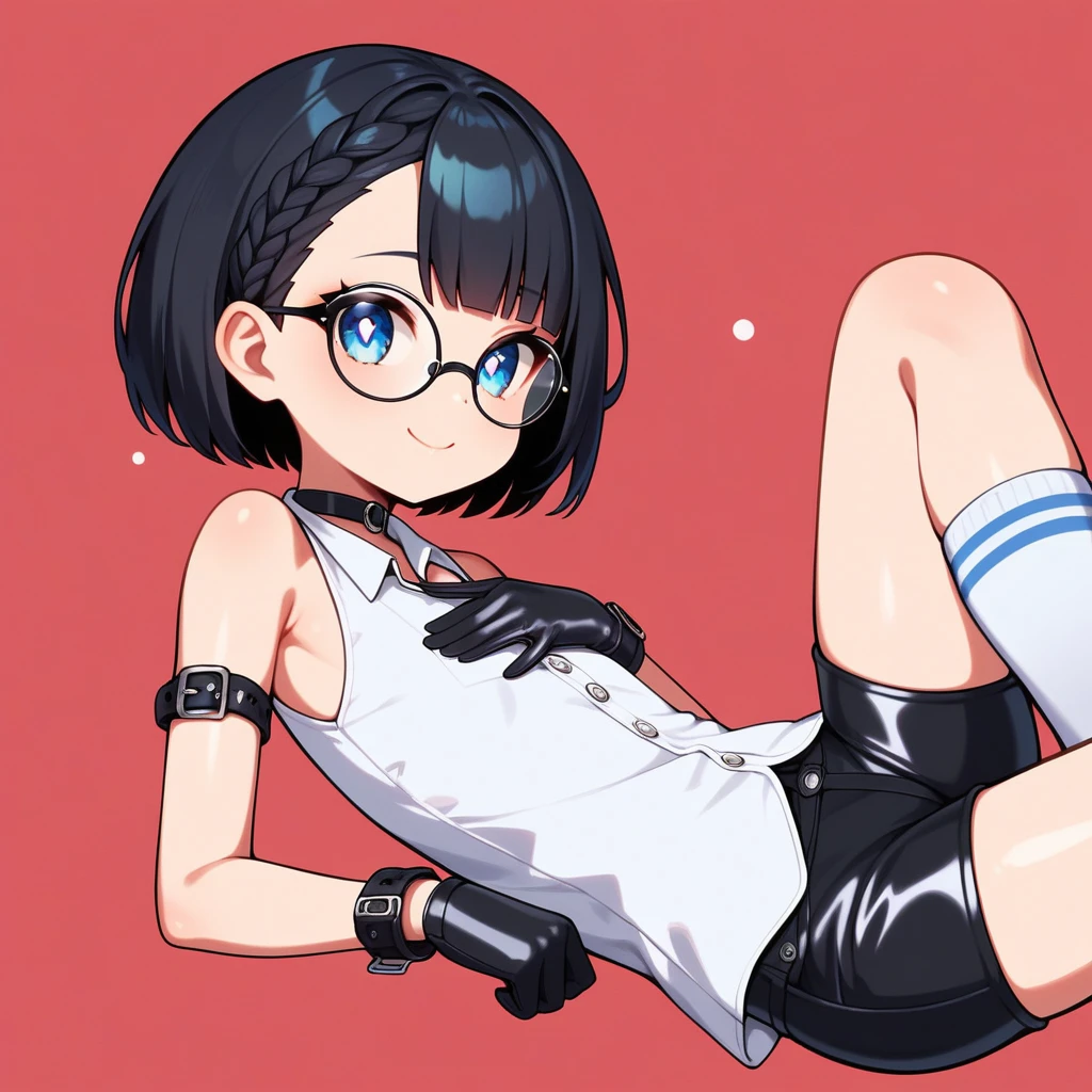 single angle, one girl, light orange skin, oval face, slightly thin black hair, blue inner color, bob cut, not trimmed hair, large blue eyes, small pink pupils, Open eyes, round ears, flat chest, sleeveless white business shirt, shirt out, wide cuffs, wide leg plain black shorts rolled up cuffs, white socks, black choker, Red sneakers, wearing tight black leather gloves on his right hand up to the wrist, wearing tight black leather gloves on his left hand up to the wrist, plain white left chest pocket, collar wrap,White buttons, 1 super tight black armlet on the right upper arm, Nothing on the left upper arm,wearing a white watch on the left wrist, Long eyelashes ,Black under-rim glasses, thin oval eyes, thick upper arm, blue french braided behind right ear, no right side bang, thick outline, , dotted mouth, straight bang, simple background, hands on own chest, smiling