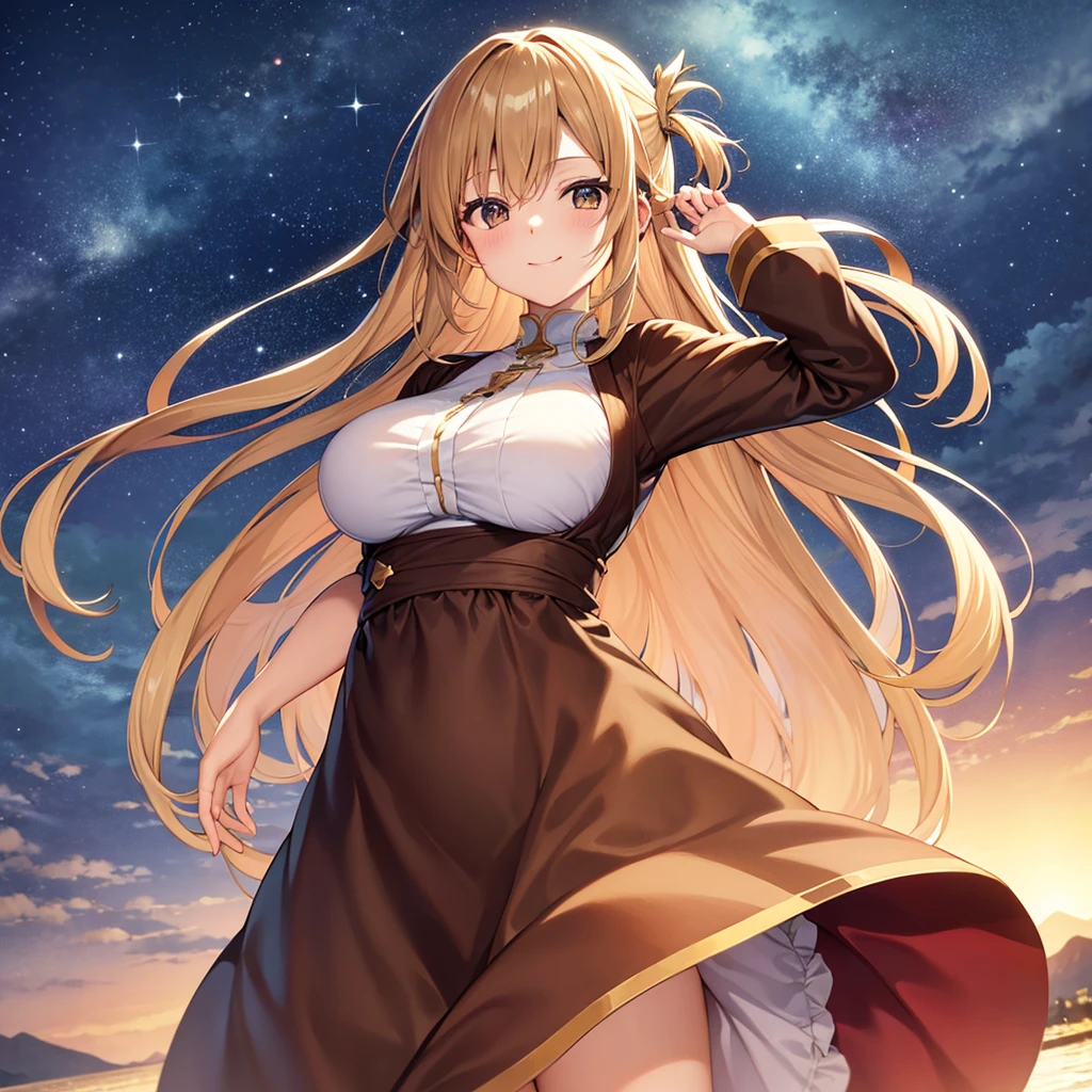 asuna,STAR, crown half up hairstyle,, happy, dress, overexplosure, light brown Clothes, dusk sky, dusk, sunset,Free Pose、Only one woman、Big Breasts