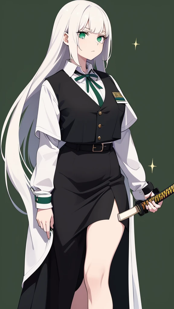 a teenage girl with long white albino hair, her glitter green eye, wearing a white button-down blouse, underneath a short green button-down vest, a dark green maxi skirt with a black heel, carrying a transparent katana.