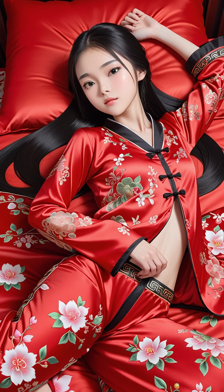 Beautiful 15 year old Chinese skinny kung fu girl princess with long black hair　Gorgeous embroidery, Ultra glossy, She is wearing shiny red long sleeve floral pajamas....　She is made to lie on a red enamel futon, with the futon over her upper body, her legs spread and her vagina examined.