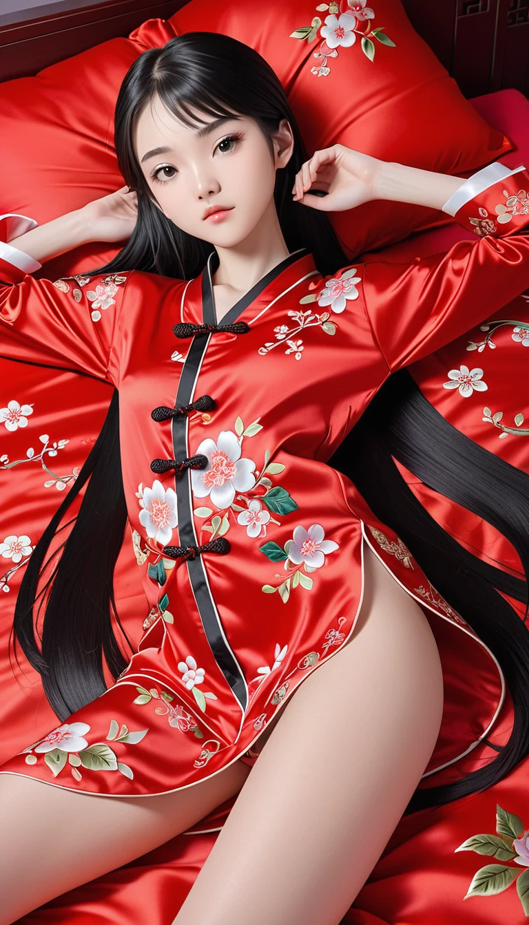 Beautiful 15 year old Chinese skinny kung fu girl princess with long black hair Gorgeous embroidery, Ultra glossy, She is wearing shiny red long sleeve floral pajamas.... She is made to lie on a red enamel futon, with the futon over her upper body, her legs spread and her vagina examined.