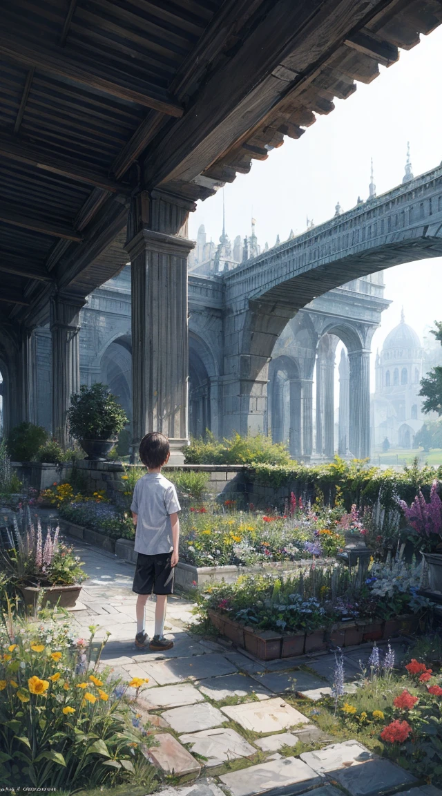garden，The boy will press in front of the tree，Slightly overlooking，One Point Perspective，2k