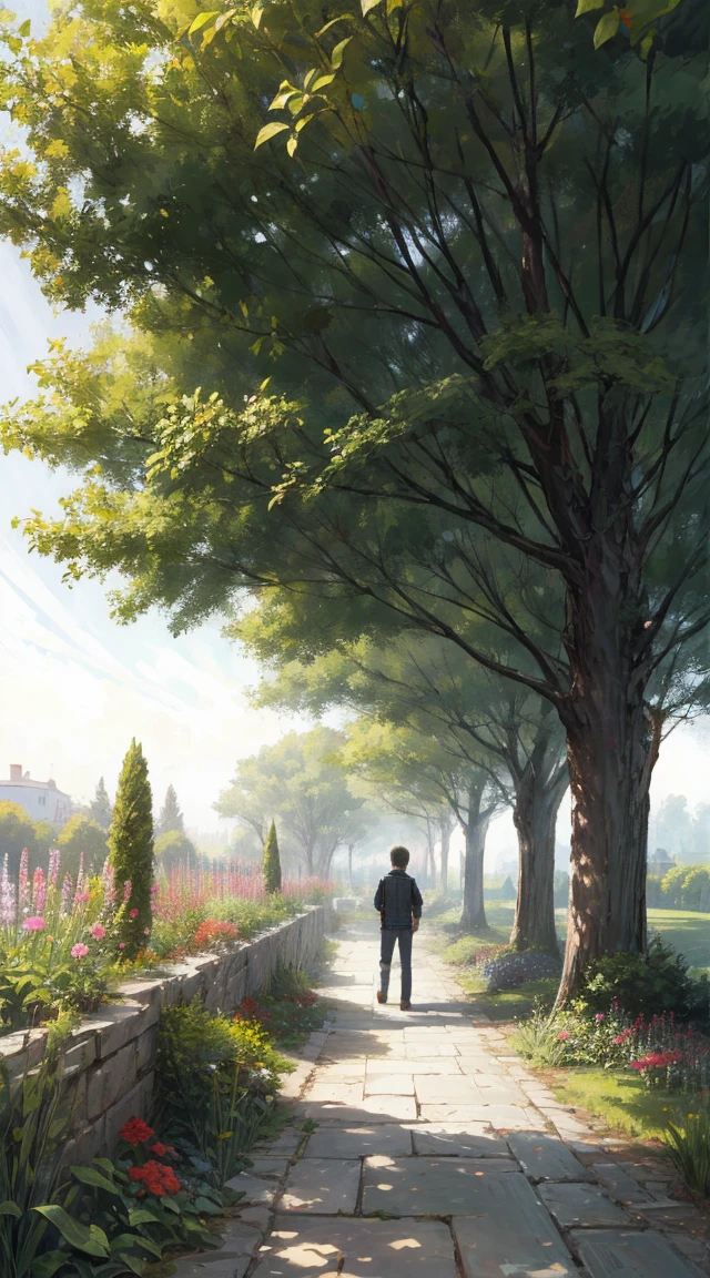 garden,The boy will press in front of the tree,Slightly overlooking,One Point Perspective,2k