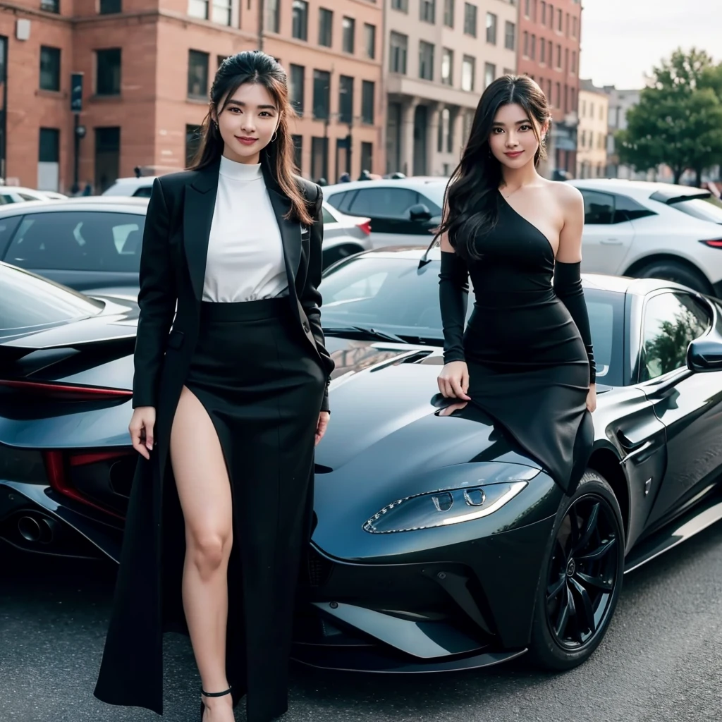 extremely detailed 8K Thumbnail, 1girl, smile,Mafia Girl, Standing, Very Se*y, Beautiful, Black Se*y Clothes standing with a Aston Martin Vulcan
