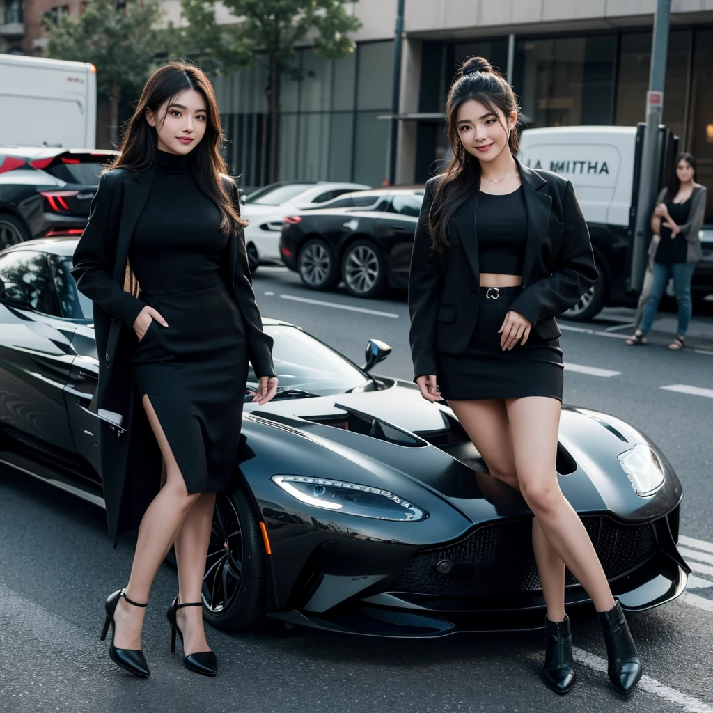 extremely detailed 8K Thumbnail, 1girl, smile,Mafia Girl, Standing, Very Se*y, Beautiful, Black Se*y Clothes standing with a Aston Martin Vulcan