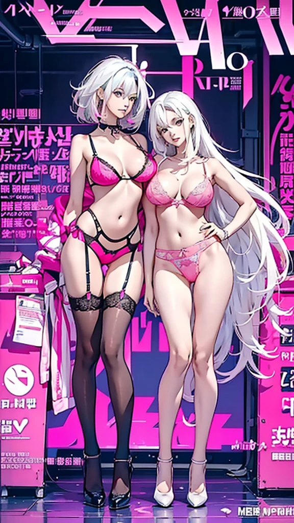 NSFW, (masterpiece:1,2, best quality), (magazine cover), (많은 텍스트가 포함된 다채로운 magazine cover), colorful colorful illustration, manga cover style, attractive, fascinating, Refined, elegant, high fashion, fascinating, elegant, Trend, trend, radiant, head turner, dazzling, elaborate, very cool, dramatic, brave, 20-year-old Japanese mixed-race gravure idol, (Doll-like appearance and slim yet firm body), ((With voluptuous H-cup breasts and rich eyes)), she's a head turner, Her makeup is always perfect, Enhances her natural beauty, (((Photo shoot wearing sexy lingerie,Fits well, Striking neon pink colored micro panties,bra))), (very detailed:1,2),long hair,A lot of gap between the crotch,((stockings)),((((bust)))),((((white hair)))),((Junior position pose))
