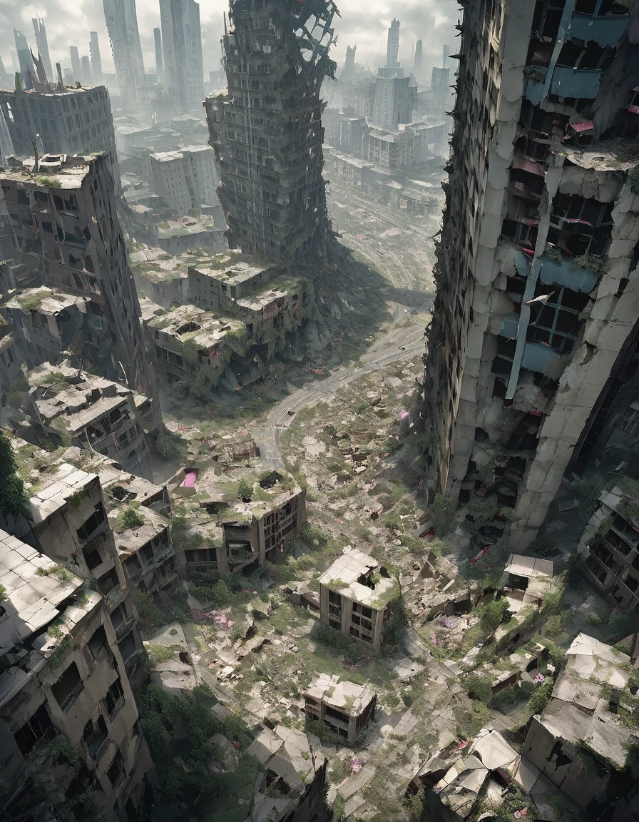 Twisted cityscape, Surrealist, Fiction, large modern city with several tall buildings. The whole city seems to be twisted and ravaged. The ground is distorted and forms several zones between several blocks of buildings. Several tall buildings are ripped open. Some zones are raised in height others are lowered. The majority of buildings are destroyed and in ruins, the streets are partly destroyed and some areas are flooded. Crevices and chasms formed between several buildings creating fragments of land. There are several holes in the roads like in the buildings. The place seems deserted. Several large pieces of land with several tall buildings on it are over-raised. Several large pieces with several tall buildings on them are driven into the ground. [Ruins] [Modern City] [Urban Landscape] [Destruction] [High Building] [Abandoned] [Overview] [Crevasses] [Chasm] [Fragments of Overgrown Land] [Fragments of Land Descended] [Apocalyptic] [ High Modern Building Destroyed] [Twisted Landscape] [Fiction] [Lowers lands and Uppers lands] [Areas driven into the ground] [Areas raised above the ground] [ Several areas with high buildings sunk into the ground] [Several areas with large buildings raised above the ground] [Several tall buildings are ripped open] [Several large pieces of land with several tall buildings on it are over-raised] [Several large pieces with several tall buildings on them are driven into the ground] [Krimson City The Evil Within]