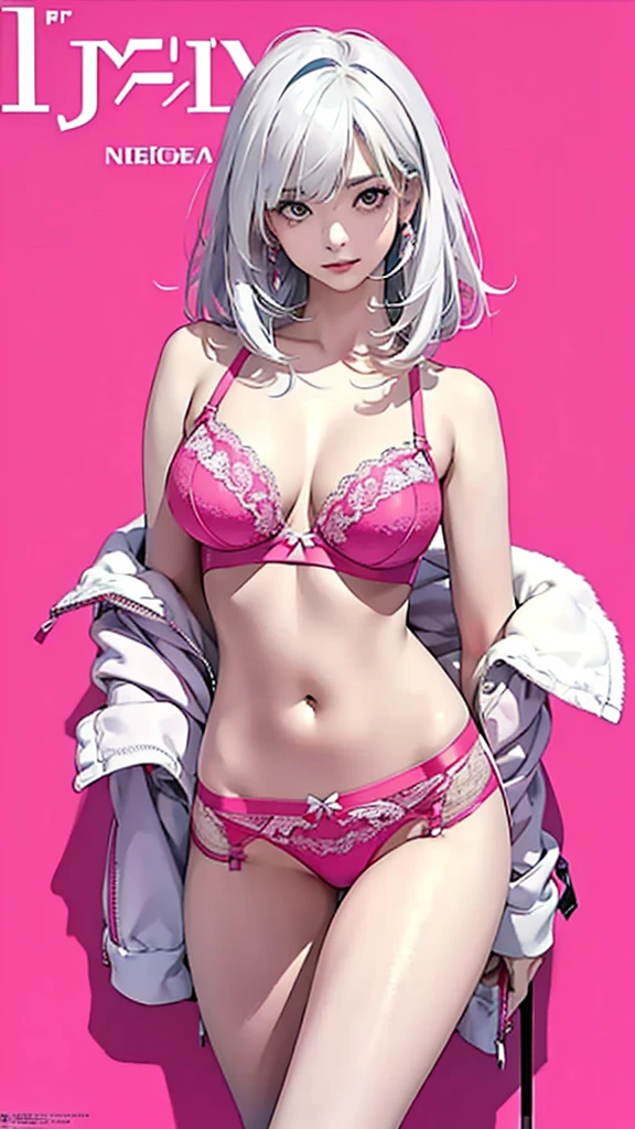 NSFW, (masterpiece:1,2, best quality), (magazine cover), (많은 텍스트가 포함된 다채로운 magazine cover), colorful colorful illustration, manga cover style, attractive, fascinating, Refined, elegant, high fashion, fascinating, elegant, Trend, trend, radiant, head turner, dazzling, elaborate, very cool, dramatic, brave, 20-year-old Japanese mixed-race gravure idol, (Doll-like appearance and slim yet firm body), ((With voluptuous H-cup breasts and rich eyes)), she's a head turner, Her makeup is always perfect, Enhances her natural beauty, (((Photo shoot wearing sexy lingerie,Fits well, Striking neon pink colored micro panties,bra))), (very detailed:1,2),long hair,A lot of gap between the crotch,((stockings)),((((bust)))),((((white hair)))),((Junior position pose))