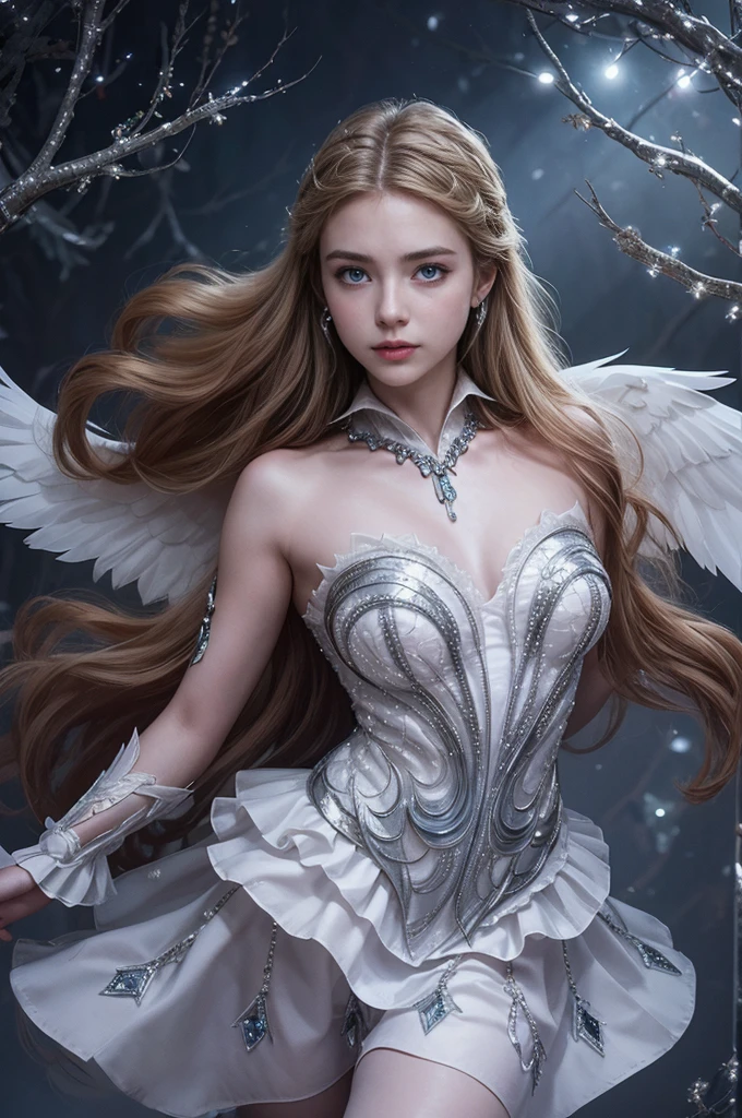 a beautiful young woman, Odette from Mobile Legends, elegant ballet dancer, long flowing white dress, graceful poses, enchanting blue eyes, delicate facial features, flowing silver hair, serene expression, glowing crystalline wings, ethereal and magical atmosphere, intricate fantasy background, shimmering lights, soft pastel colors, cinematic lighting, highly detailed, photorealistic, 8k, masterpiece