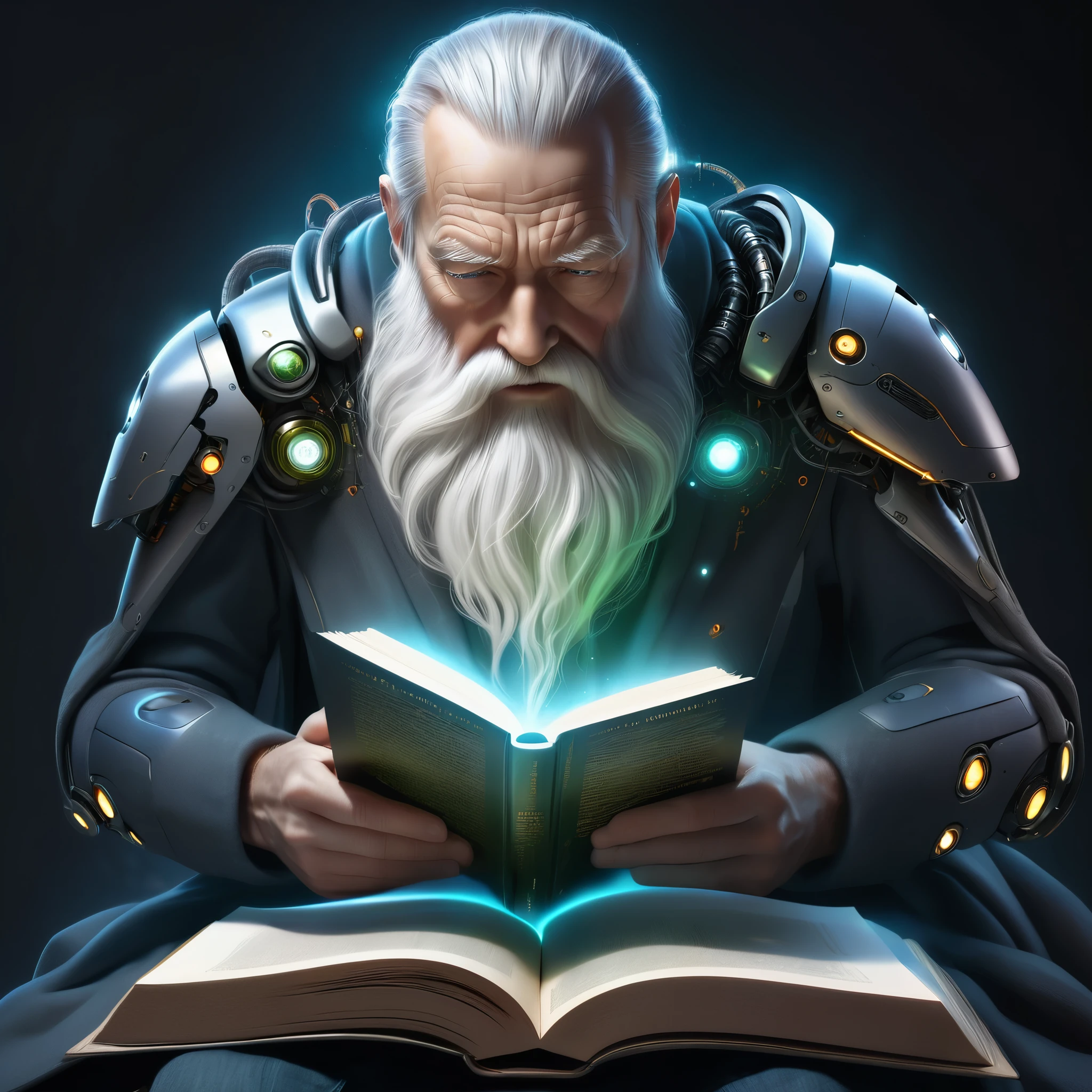 Create a high-resolution, ultra-detailed, hyper-realistic image of an old man with a long white beard reading an open book. The man should appear in the foreground, with half of his body designed like a futuristic robot, incorporating robotic elements such as metal joints and circuits. The book should be detailed and open, with bright holographic text and images. The background should be subtly blurred to keep the attention on the man and the book. Use dramatic lighting to highlight the contrast between the human and robotic elements, and include soft glows in the holographic book