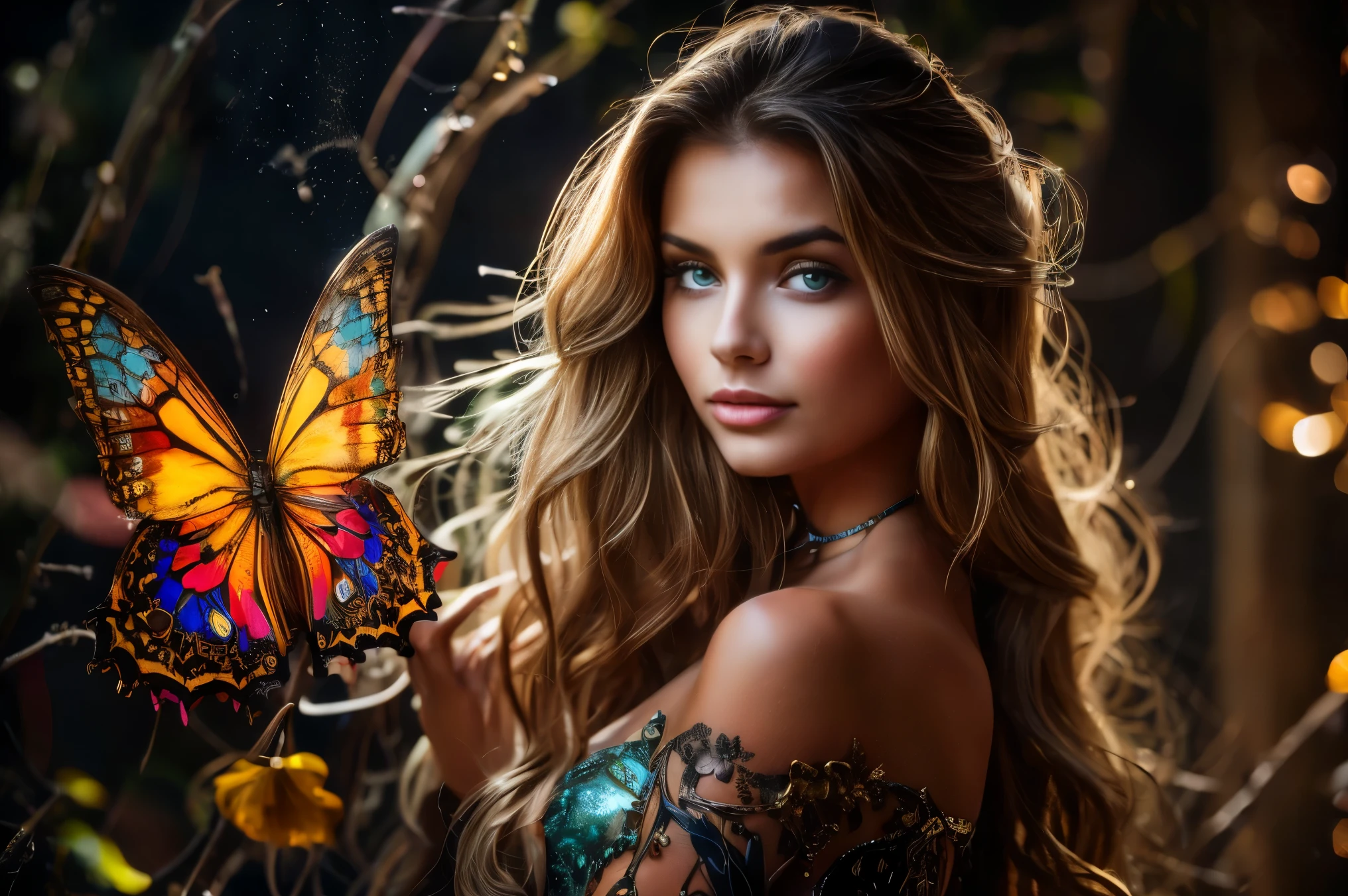 fashion shoot, beautiful caucasian goddess, perfect sweet face and eyes, Alcohol ink, splatter art, multicolor oil painting, Miki Asai Macro photography, long blowing hair, Fantastic Realism and Sharp Focus, Mysterious Filigree Elements, filigree red drops, filigree multicolored buterflies, Glowing Accents, fantasy art, watce, golden appear naturally, symmetrical, glowing crystals,Ceramic_Animal