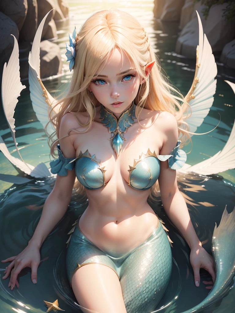 Blonde woman with blue eyes 、Mermaid girl with wings on her back, pointy ears, fish lower body, soft portrait shot 8k、realistic beautiful face、8K portrait rendering、realistic beautiful face、beautiful realistic face、Photorealistic anime girl rendering、surreal beautiful face、8K realistic digital art、realistic digital art 4k、realistic digital art 4k、highly realistic digital art,{{{{dynamic angle whole body}}}},{{{{dynamic angle whole body}}}}