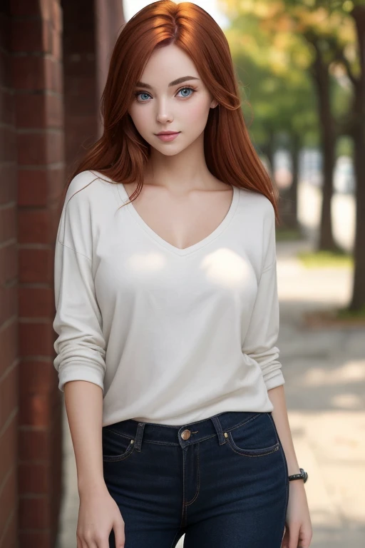 ((best quality)), ((masterpiece)), (detailed), 1girl with fair skin, auburn hair and dark amber eyes(in casual clothing)