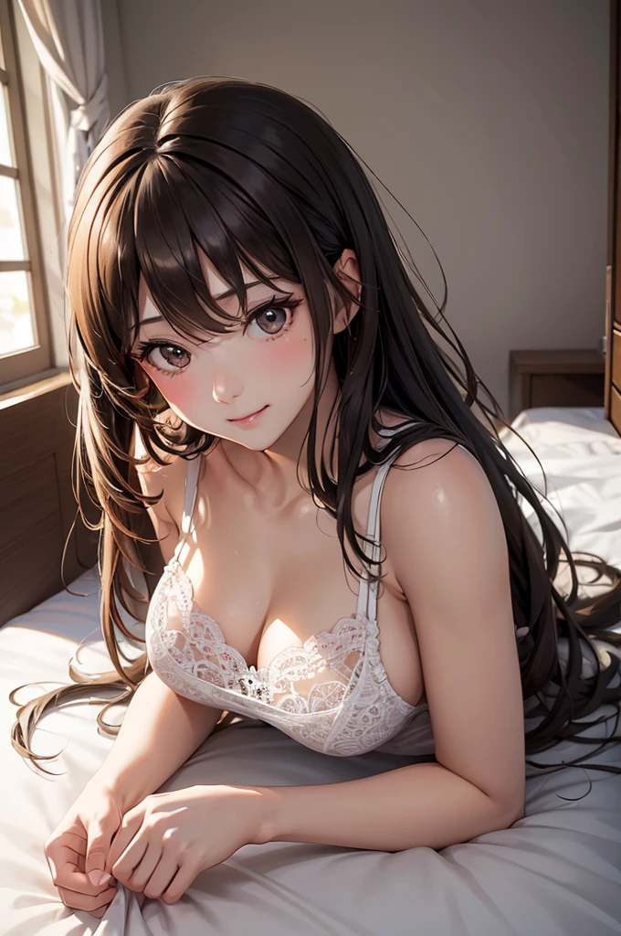 Best Quality,High resolution,8K,finelity detailed background,Masterpiece:1.2),beautiful girl,Shiny brown hair,messy hair,Brown eyes,Gentle look,A refreshing look,Best quality,Best Quality,Aesthetic and aesthetic:1.2,Best details((Super detailed))(High-definition CG illustrations),Grey underwear (gray,intricate lace),Slender body,morning,morning日,Bedroom,On the bed,smile,blush,cute,Scrounge,Looking up,Being spoiled,super model,wariza,shoot from below