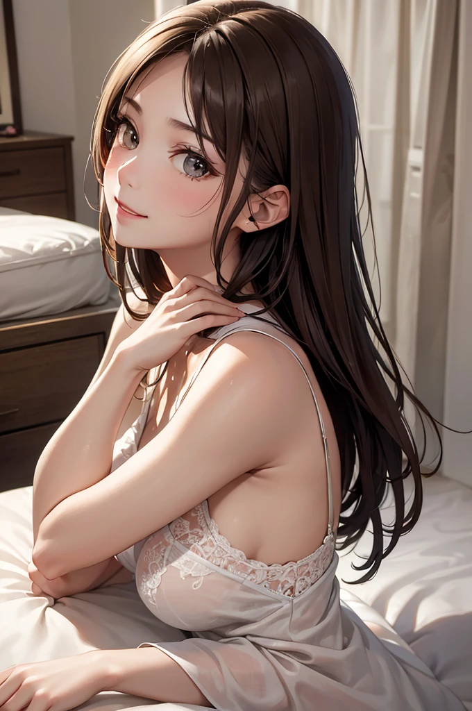 Best Quality,High resolution,8K,finelity detailed background,Masterpiece:1.2),beautiful girl,Shiny brown hair,messy hair,Brown eyes,Gentle look,A refreshing look,Best quality,Best Quality,Aesthetic and aesthetic:1.2,Best details((Super detailed))(High-definition CG illustrations),Grey underwear (gray,intricate lace),Slender body,morning,morning日,Bedroom,On the bed,smile,blush,cute,Scrounge,Looking up,Being spoiled,super model,wariza,shoot from below