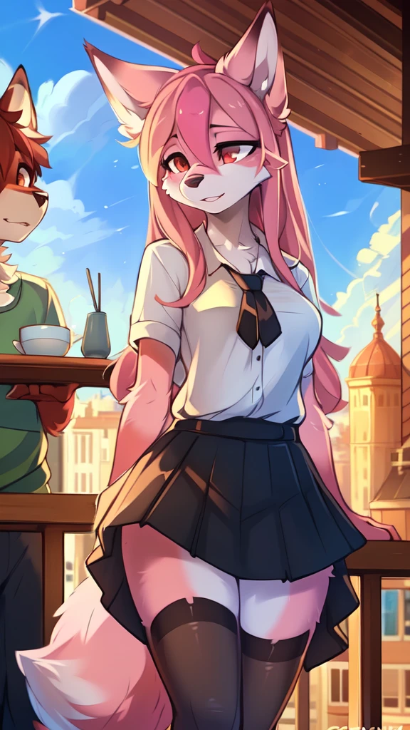 from Kenketa, Ross Tran, Ruan Jia, mumps, Foxovh, от zackary911, от Hyattlen, on a terrace, by Fumiko, от Pixelsketcher, by Bayard Wu, Thomas Benjamin Kennington, from Einshelm, from Kilina, by Coffeesoda, from Hyoshiru, from down-kevlar, от r-mk, by Dimwitdog, fluffy, Nazuna_hiwatasi, antro, Female, One, standing, mocking look, (half-closed eyes), pink hair, pink tail, (white for girls, blues skirt, high stockings), (Red eyes), olhos para trás, (enormes breasts, hips), (Fox), (hands segurando a saia), (pink body, two-tone fur),
