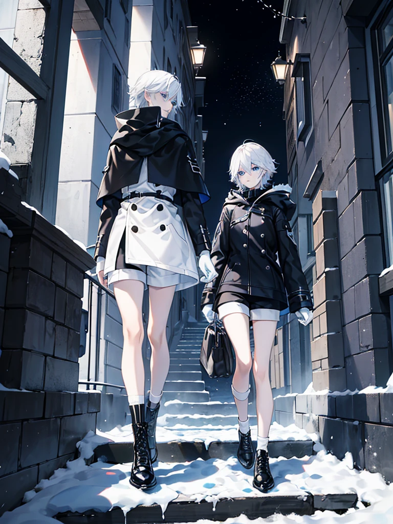 Modern style, A young male with long snow-white hair, blue eyes, and fair skin, wearing a black hood, black thigh-high shorts, white socks that go past the ankles, and black shoes with white laces, Modern city, night, dark alley, black cat, crows snatching food