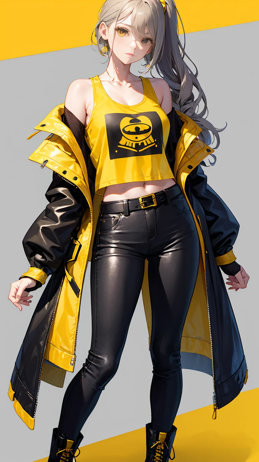 Long, wavy blonde hair styled in loose waves or tied back in a high ponytail.
Eyes: Hidden behind yellow-tinted aviator sunglasses.
Outfit: A grey leather jacket with yellow accents—such as yellow es along the arms or a bold yellow patch on the back.
Top: A grey graphic tee or tank top with a minimalist yellow design or logo.
Bottoms: Dark grey ripped jeans or black leather pants with yellow stitching or subtle yellow details.
Footwear: Grey combat boots with yellow laces or detailing.
Accessories: A black leather belt with a yellow buckle, and grey fingerless gloves with yellow trim.
Gear: A grey helmeith a yellow stripe otern, either worn or held.
