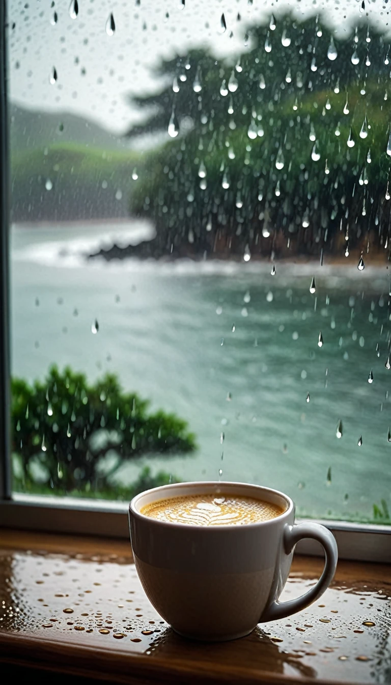 A beautiful seascape picture outside the window，Beautiful coastline，live action style，With romantic aesthetics，Beautiful light and shadow of afternoon sun，Natural Elements，The whole glass window is covered with rain .The fog is so thick that you can’t see the actual scene.Bokeh background outside window.No window frames .Close-up of partial rain on glass.Don’t have a real image in the background.As long as the bokeh effect.You can feel the raindrops flowing on the glass。Rain slides across the glass，Blurred the outside scene，Only the beauty of bokeh is left。This picture makes people feel peaceful、comfortable，It’s like being in a small world sheltered from the wind and rain。Add a cup of steaming latte coffee to the window.Poetic and romantic picture