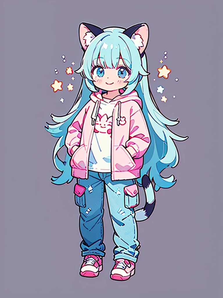 ((Highest quality，masterpiece，Extremely complex and exquisite details，A short girl with gray and blue cat ears and long hair is in the center，Gray blue super long straight hair，Curly hair at the ends，Sparse air bangs，Gray and pink T-shirt，Denim hooded cropped jacket，Black and gray long cargo pants，Standing on a super cute cat))，(pink and white sneakers，Smile slightly，Surrounded by tons of cute short-legged cats，Correct anatomy)，Super Q super cute short full body portrait，Starry sky background vertical painting space scene