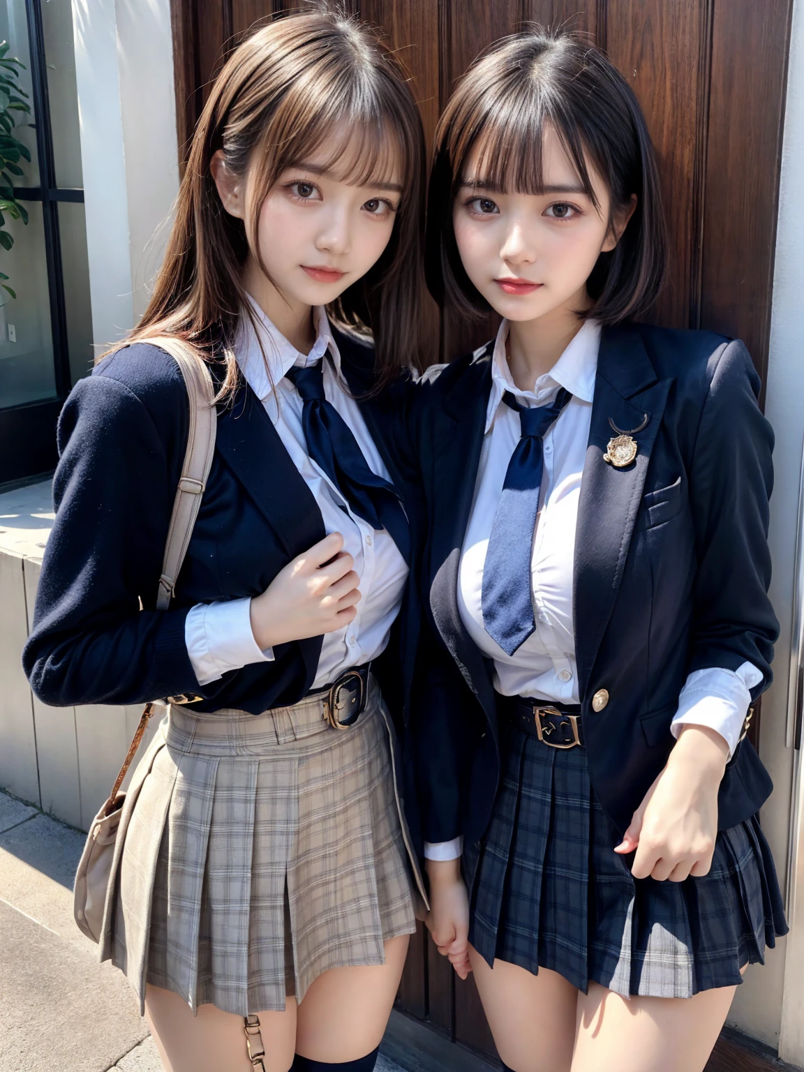 (8K, Raw photography, top-quality, masterpiece:1.2), master piece, best quality, illustration, Super detailed, fine details, High resolution, 8K,wall paper, perfect dynamic composition,(Details High quality, realistic depiction of eyes:1.3), ((2 girls, 2 schoolgirls)), The background is a luxury hotel room、High school girl uniform、blazer 、Super Short Check Uniform Skirt、Navy blue high socks、garterbelts、Colossal tits、Disturbed uniform, Play with each other,Touching each other's bodies,Touching the body of the girl next door, short bob hair, black hair color, huge breasts, Big Natural Color Lip, bold sexy pose, (perfect body shape), crying a little、cold gaze, Beautiful makeup,glitter makeup,Cutest 18 years old, beautiful legs, hposing Gravure Idol, Voluptuous thighs