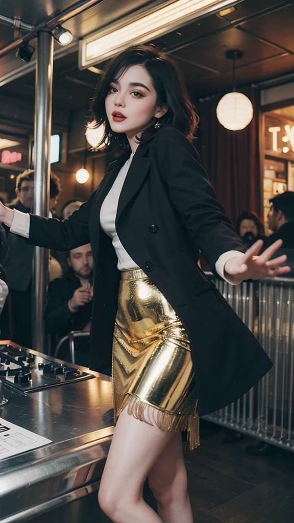 a 1920s flapper girl wearing a Midi Skirt and Coat, dancing in a jazz club with art deco decorations and a live band playing in the background.