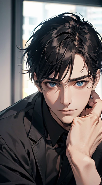 (best quality,4k,8k,highres,masterpiece:1.2),ultra-detailed,(realistic,photorealistic,photo-realistic:1.37),1 man,31 years old,mature man,very handsome,without expression,smile,short grey black hair,blue eyes,penetrating gaze,perfect face without errors,imposing posture,businessman,office background,cinematic lighting,hdr image